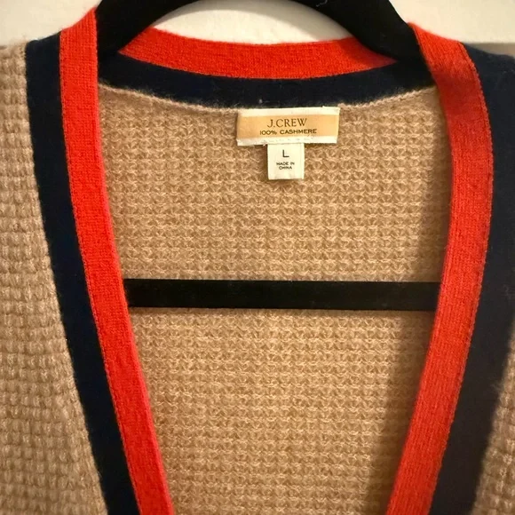 J. Crew Cashmere Tan Cardigan Sweater with Red and Navy Accents - Picture 3 of 5